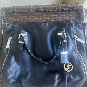 Michael Kors Black Leather Shoulder Bag with Silver Accents